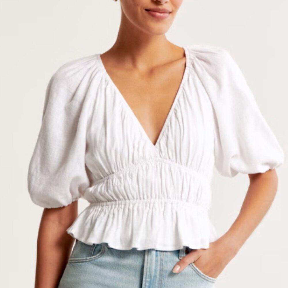 white abercrombie short sleeve linen blend babydoll top
